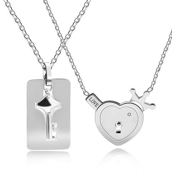 Uloveido Couples Stainless Steel Matching Heart Lock Pendant Necklace and Key Necklaces Set for Boyfriend and Girlfriend Y844-Steel