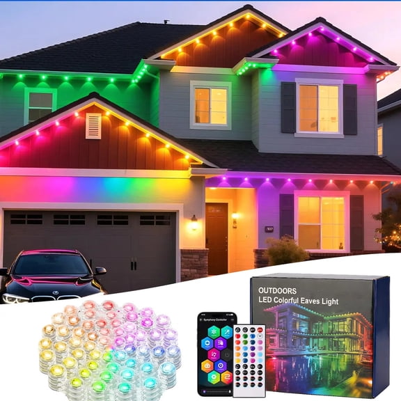Outdoor Lights 50FT RGB Christmas Outdoor Lights, LED Eave Lights, IP67 Waterproof Eaves Lights with Remote&App,Color Changing Decorations Lights for Roof Garden Yard