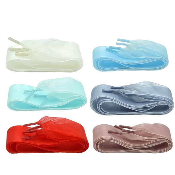 6 pares de cordones de gasa de encaje de 2,5 x 115 cm de ancho, ideales para crear cordones de moda (115-120 cm de largo, rojo, azul claro, gris, marrón rosado, azul claro y blanco).