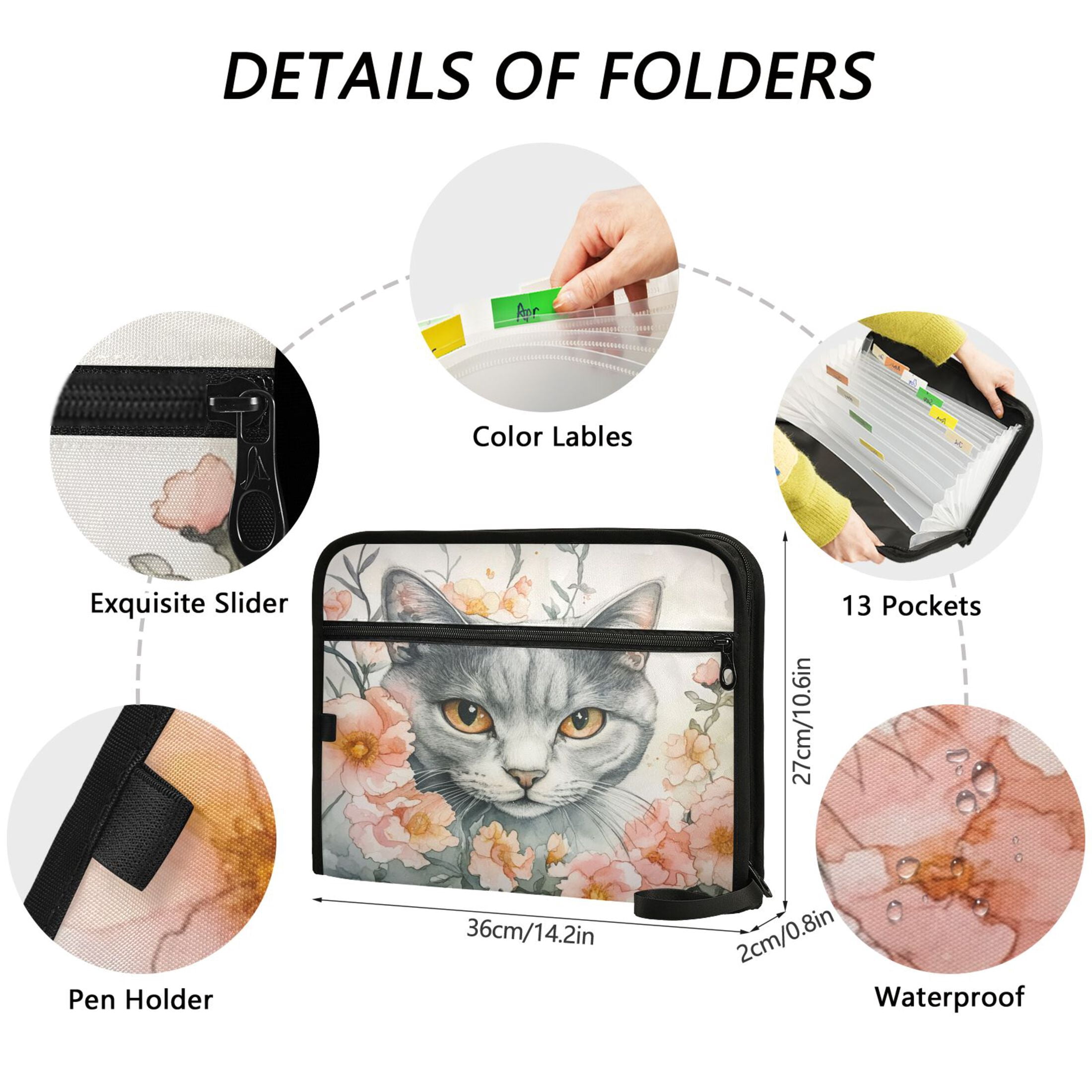 WOBOGO White Cat with Flower Expanding File Folder Letter Size Accordion Filing Organizer 13 Pocket Separate Organ Pocket