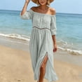 thumbnail image 6 of ClodeEU Women's Linen Blend Off The Shoulder 3/4 Sleeve Lace Patchwork Maxi Dress,Casual Beach Dress with Side Slit Gray,Women's Plus S, 6 of 7