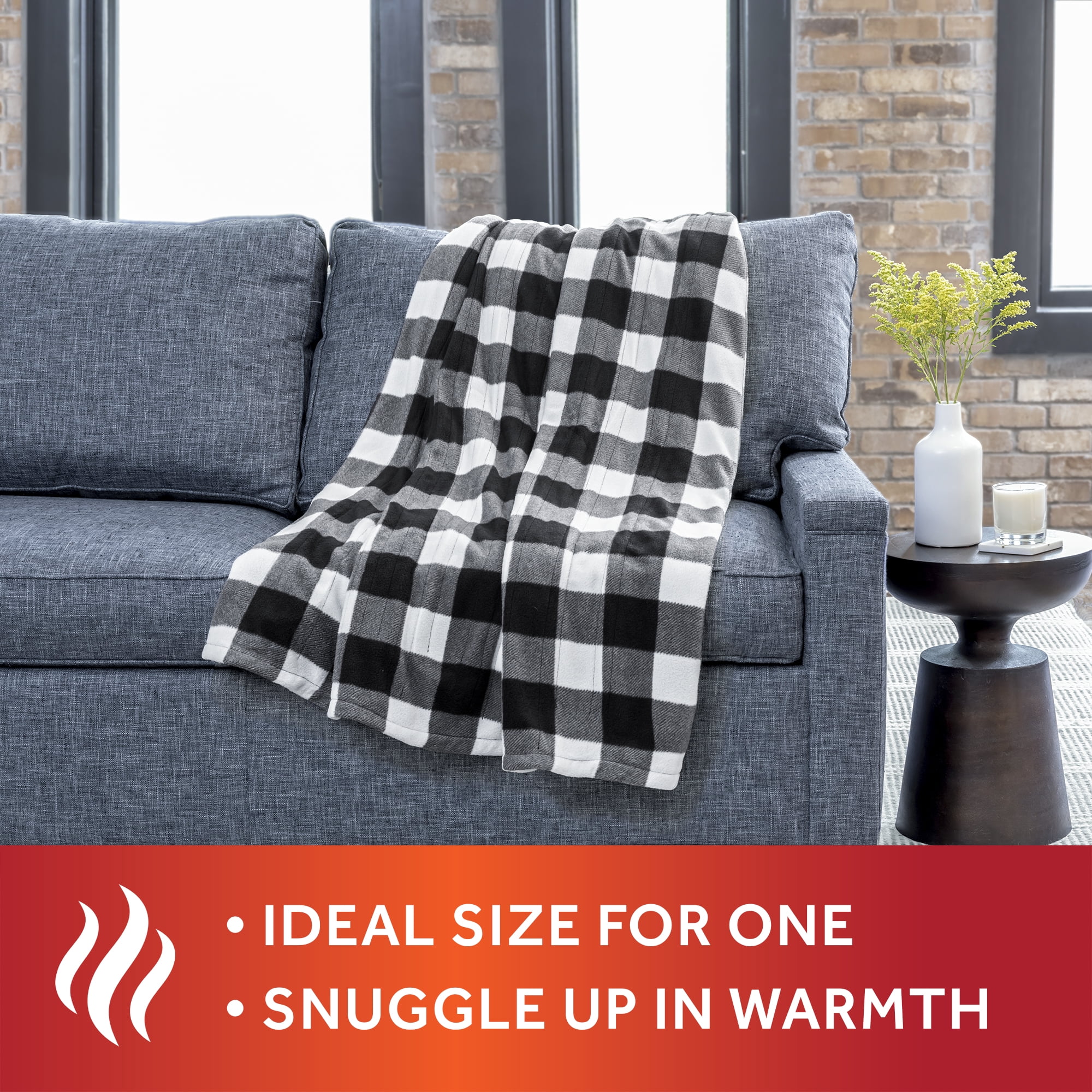 Sunbeam White Black Buffalo Plaid Fleece Electric Heated Throw, 50" x 60", 3 Heat Settings, Fast Heating, Warming Throws with Auto-Shut Off, Machine Washable