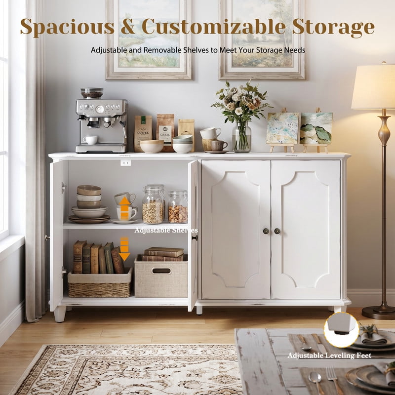 Distressed Farmhouse Buffet Sideboard Cabinet, 4 Embossed-Door Storage Cupboard, Versatile Cabinet with Adjustable Shelf