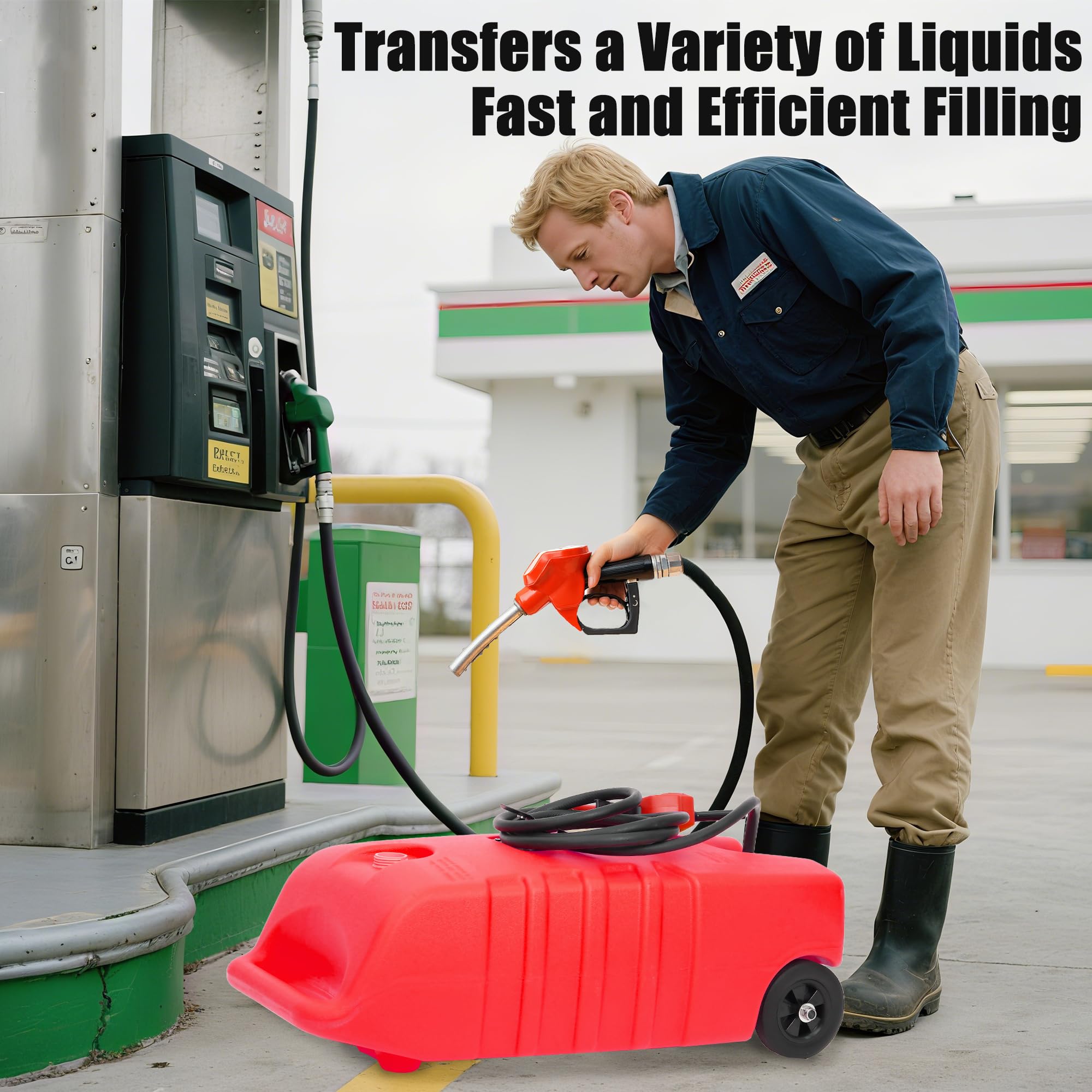 14 Gallon Portable Fuel Tank with Wheels,Gas Caddy with Manual Siphon Pump & 10FT Hose, T-Handle for Easy Carry, Included for Cars, ATVs, Boats,Red