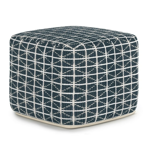 Noreen Boho Square Pouf in Dark Blue and White Handloom Woven Pattern