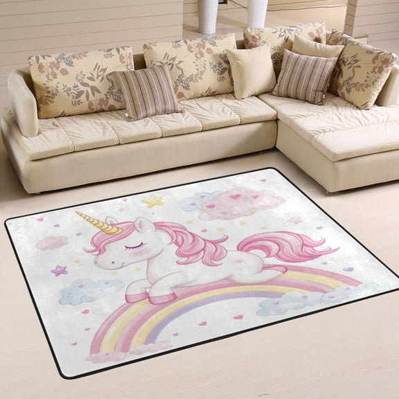 Non-Slip Area Rug 36"x24" Indoor Washable Floor Mats Carpet Printed for Living Room, Bedroom, Home Decor Pink Mane and Golden Unicorn