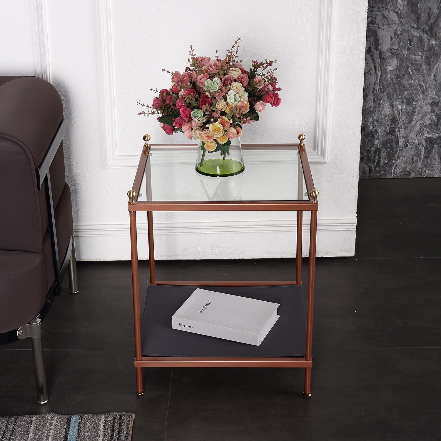 Kadyn Modern Square Coffee Table, Glass Coffee Table for Living Room, Carbon Steel 2-Tier Tea Table & Pet Sharing Table （Provide pet mat）, Rose Gold