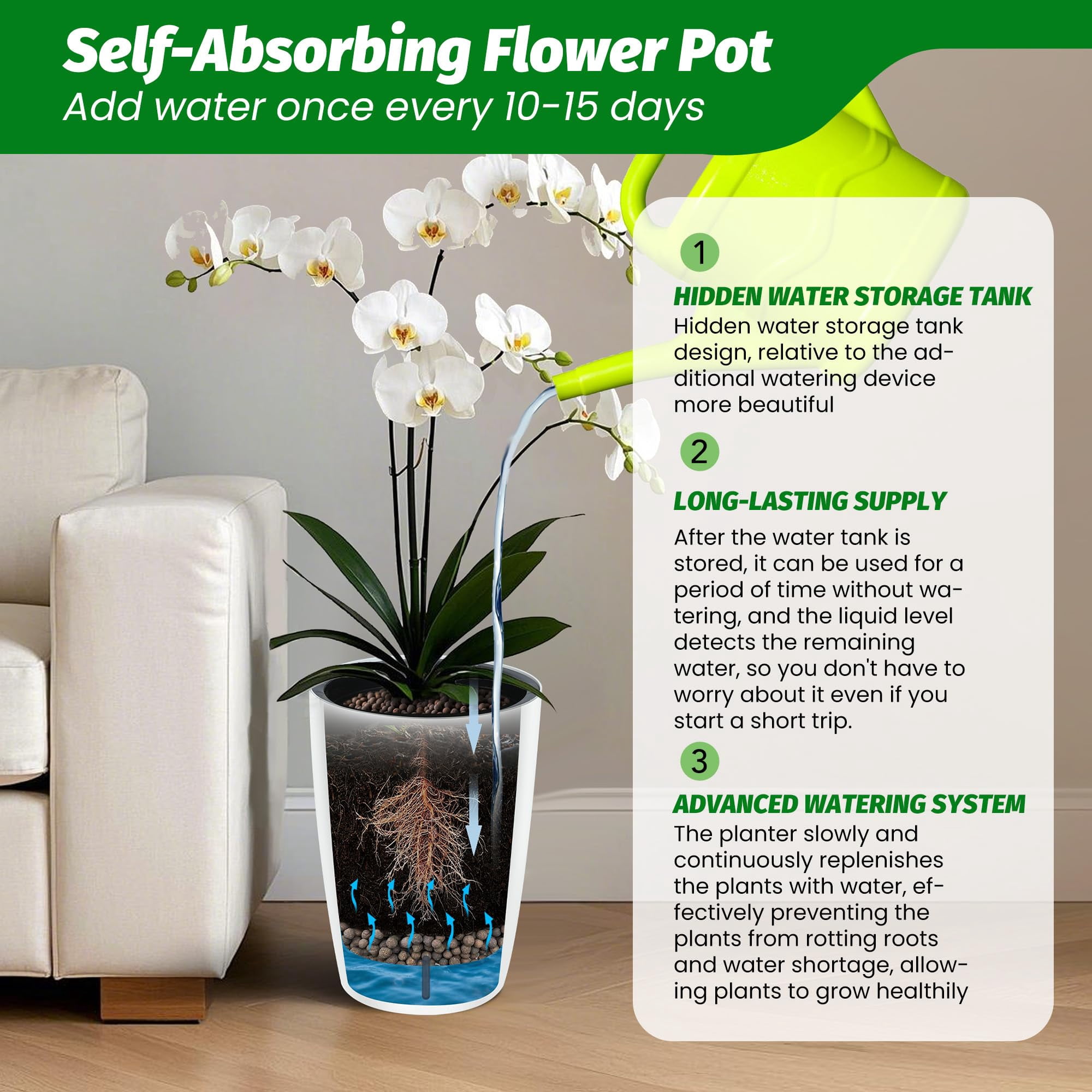 Large Planters with Built-In Drainage System and Water Level Monitor, Planter Set of 2, Self-Watering Flower Pots for Indoor and Outdoor Use, Perfect for Porch, Patio, Backyard