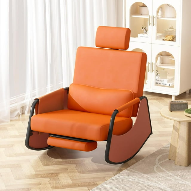 AECOJOY Fauteuil Berçant Inclinable avec Repose-Pieds Rétractable et Dossier Réglable, Fauteuil Berçant à Bascule Moderne en Tissu pour Salon Ou Chambre, Orange