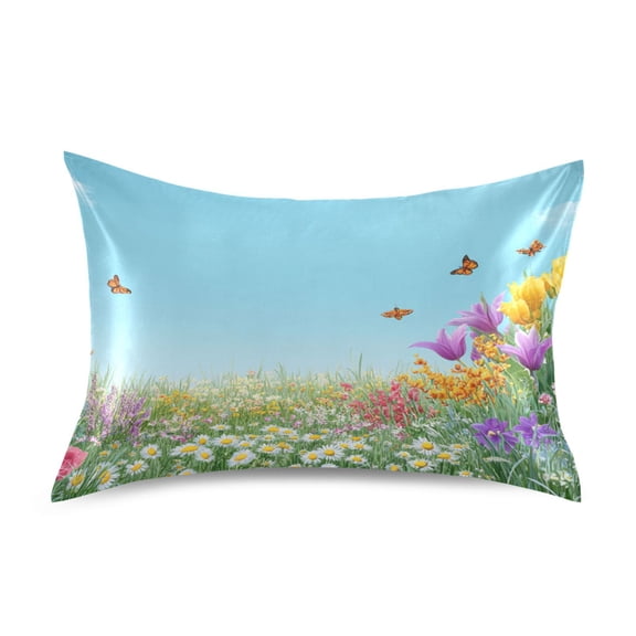 Beautiful Spring Scene Flowers Butterflies Satin Pillowcase Envelope Design Pillow Covers 1 Pack King Size 20" x 40"