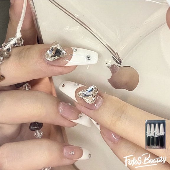 Fofosbeauty 24pcs Press on False Nail Tips Long Coffin Full Cover Fake Nails, Coffin French White With Big Heart Stone