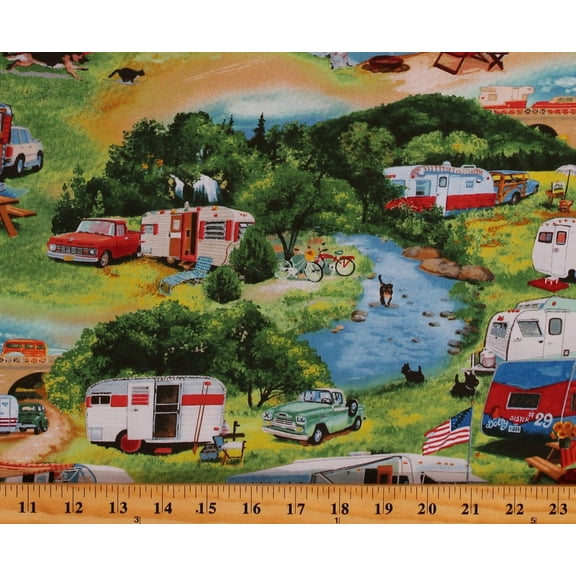 Cotton Vintage Trailers Campers Camping Outdoors RV's Campsites Multicolor Cotton Fabric Print by the Yard (3503GREEN)