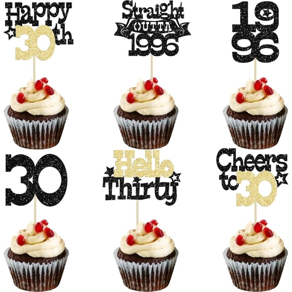 12Pcs Black & Gold Glitter 30th Birthday Cupcake Toppers, "Hello 1996, Cheers to 30" Picks for 30th Birthday Party Cake Decorations