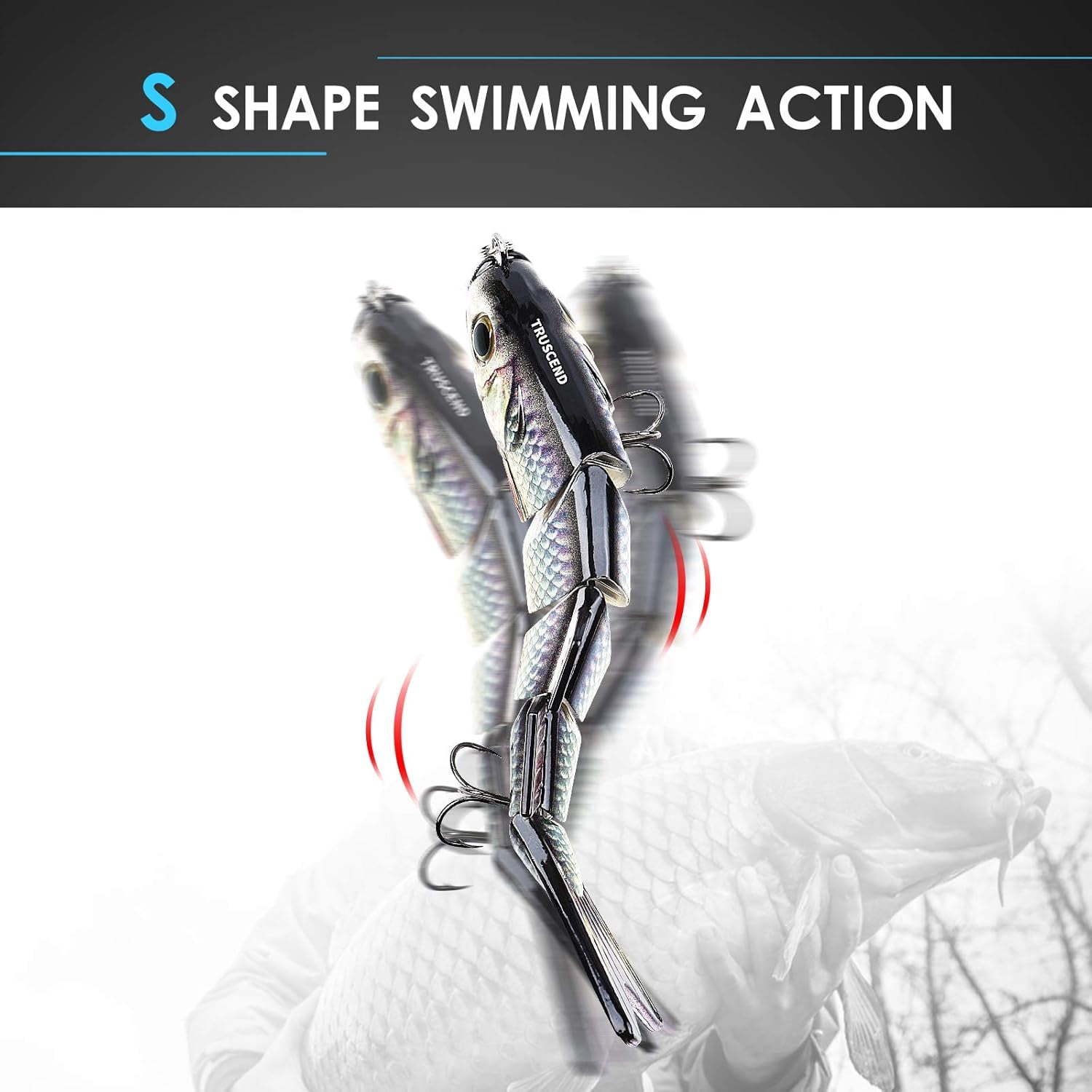 TRUSCEND Easy Catch SwimMax with BKK Hooks, Magic Noisy Wiggling and Vibrating Actions for More Bites, Lifelike Fishing Lures for Bass Trout Walleye Crappie, Strongest Dyneema Fiber Jointed Swimbait