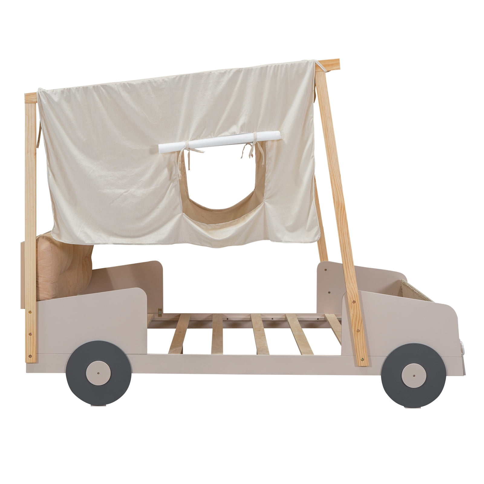 DSstyles Car-Shaped Platform Bed Frame For Kids With Headboard Pillow Ceiling Cloth LED Light For Toddler Children Boys Girls