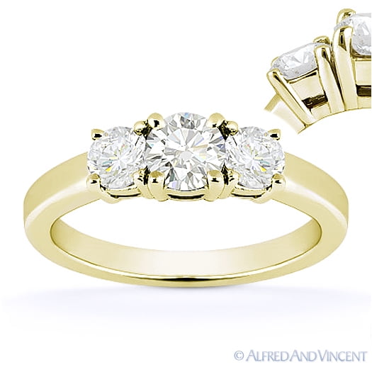 Round Brilliant Cut Charles & Colvard Moissanite 3-Stone Engagement Ring in 14k Yellow Gold
