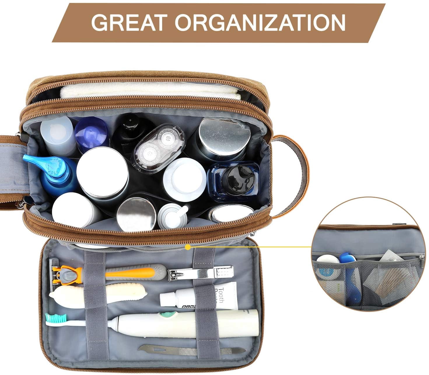 Toiletry Bag for Men, Canvas Travel Toiletry Organizer Dopp Kit Water-resistant Shaving Bag for Toiletries Accessories,Grey-Medium