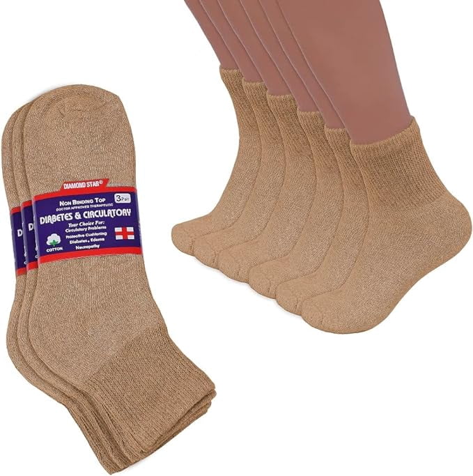 Men's 3-12 Pairs of Health Support Diabetic Ankle Circulatory Socks, Non-binding & Loose Fit (Khaki, 3 Pack)
