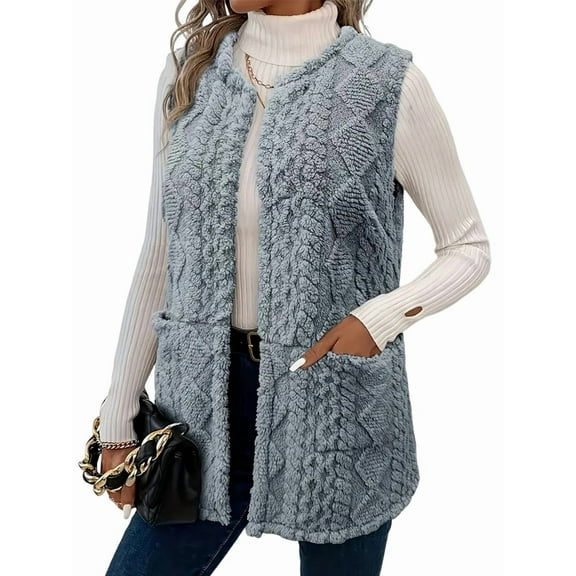 Women'S Plush Teddy Bear Jacket Vest Comfortable Sleeveless Cardigan Zippered Vest Coat with Pockets Light Blue L