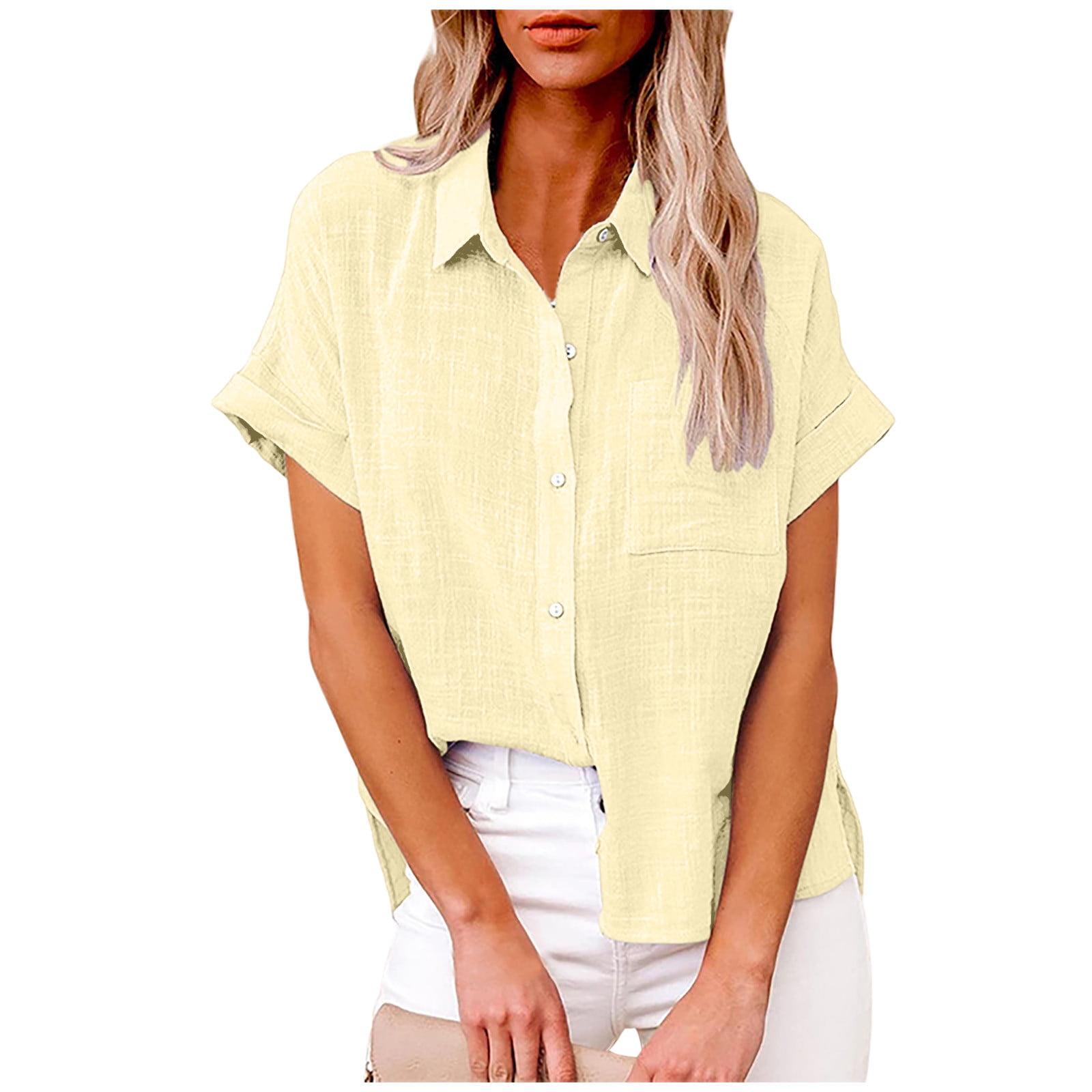 Ichuanyi Womens Cotton Button Down Shirt Casual Short Sleeve Loose Fit ...