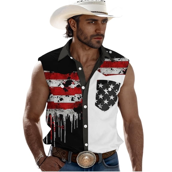 Dresfit Mens Independence Day Cowboy Shirts Lapel Sleeveless Tank Tops Summer 2026 250 Anniversary Usa Tees 1776 Muscle Usa Flag Graphic Shirt Black XL