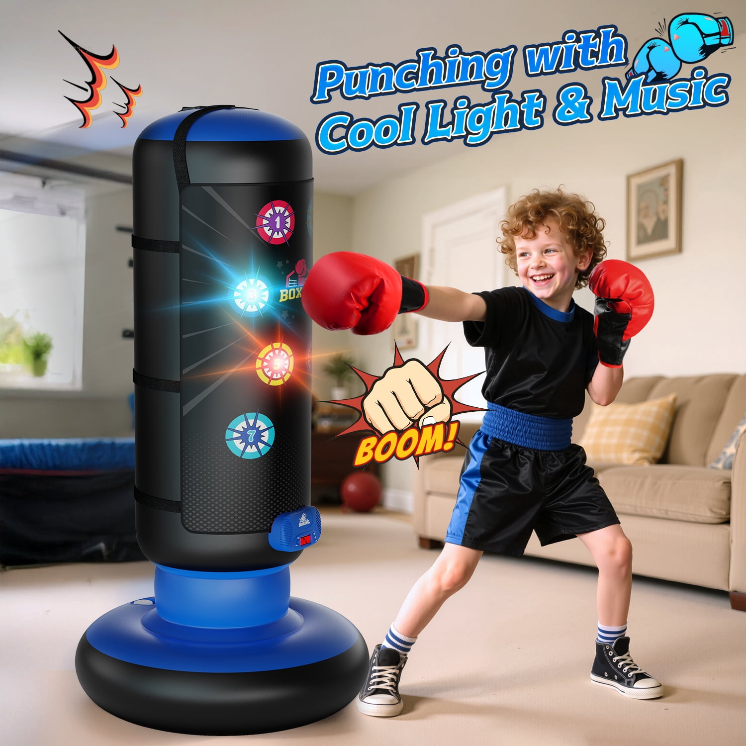 Carsky Kids Punching Bag with Light & Sound, Blue Inflatable Boxing Toy with Gloves, Scoring System, 4 Play Modes, Indoor Outdoor Fitness Toy Gift for Boys and Girls Ages 4-12