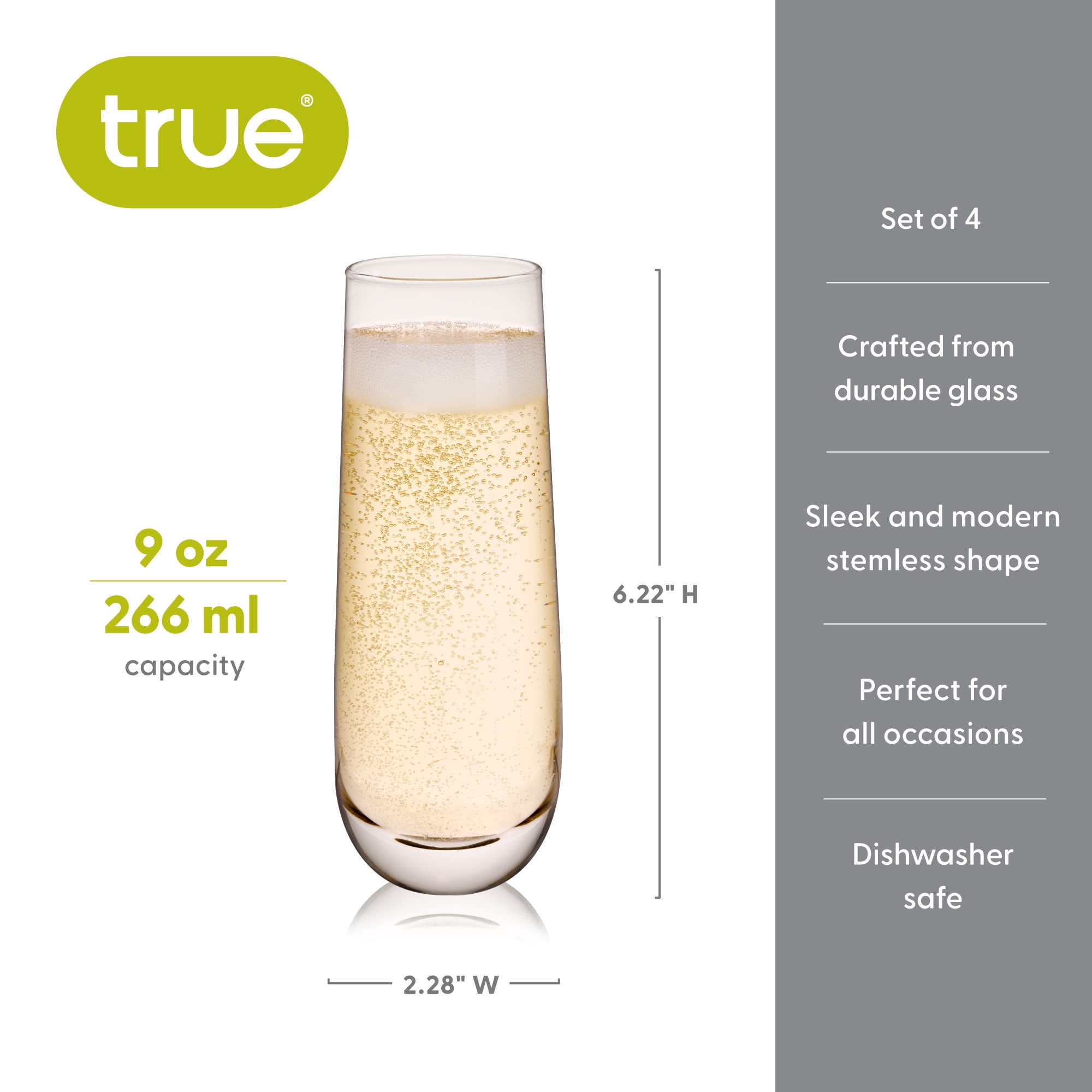 True Stemless Champagne Flutes for Birthday, Wedding Gifts, 9oz Set of 4