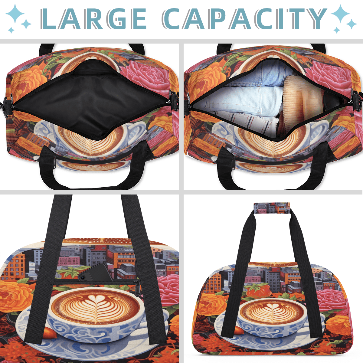 Herdesigns Coffee Cup Sports Duffle Bag for Women & Men, Funny Coffee Theme Gym Bag Dance Bag Overnight Bag Carry On Weekender Travel Bag