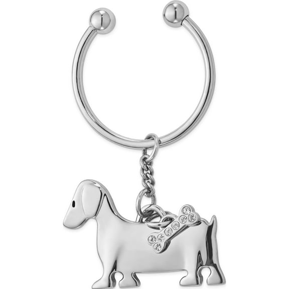 Fashion Silver-Tone Dog With Crystal Bone Key Ring (3 X 1.5) Made In China -Jewelry By Sweet Pea