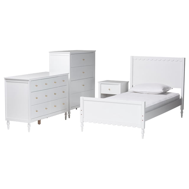 Baxton Studio Roni White Wood 4-Piece Twin Bedroom Set with Scalloped Edges