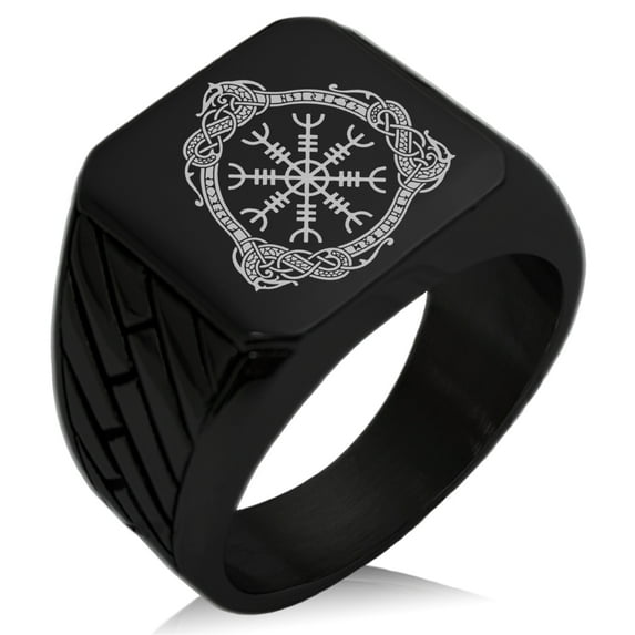 Stainless Steel Aegishjalmur Awe & Terror Helm Viking Rune Geometric Pattern Biker Style Polished Ring