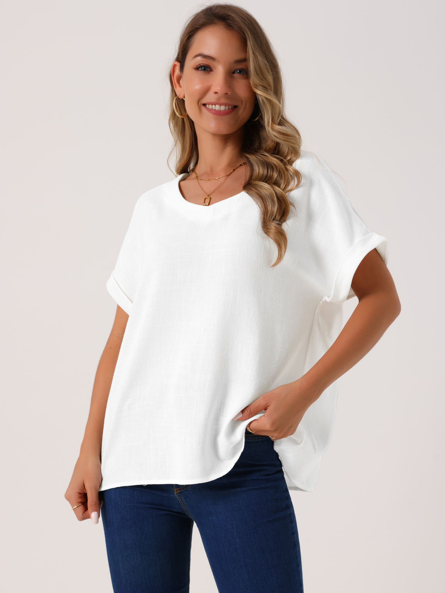 DARING DIVA Women's Linen Shirts Short Sleeve V Neck Blouse M White