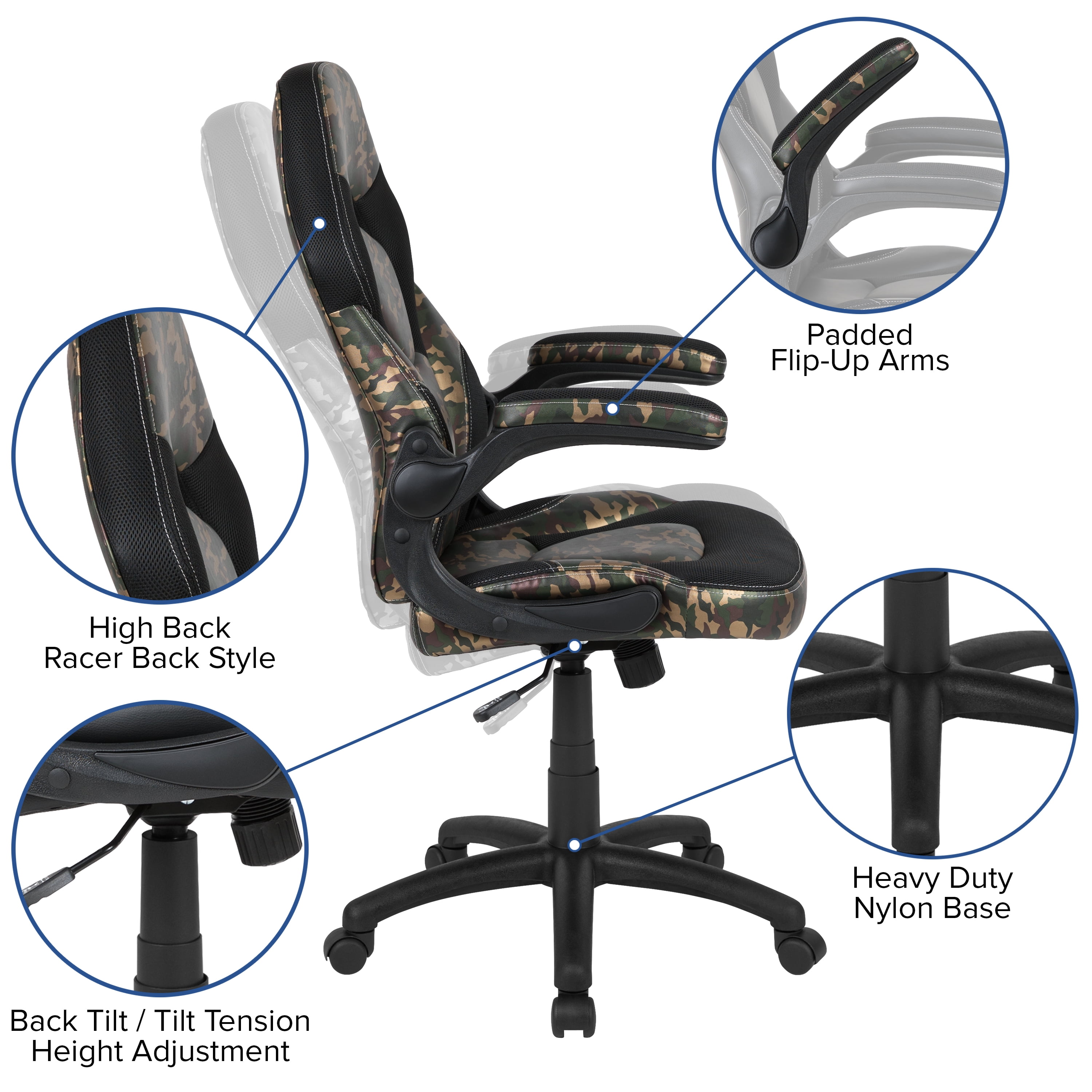 Emma + Oliver Gaming Racing PC Chair with Flip-up Arms, Camouflage/Black LeatherSoft