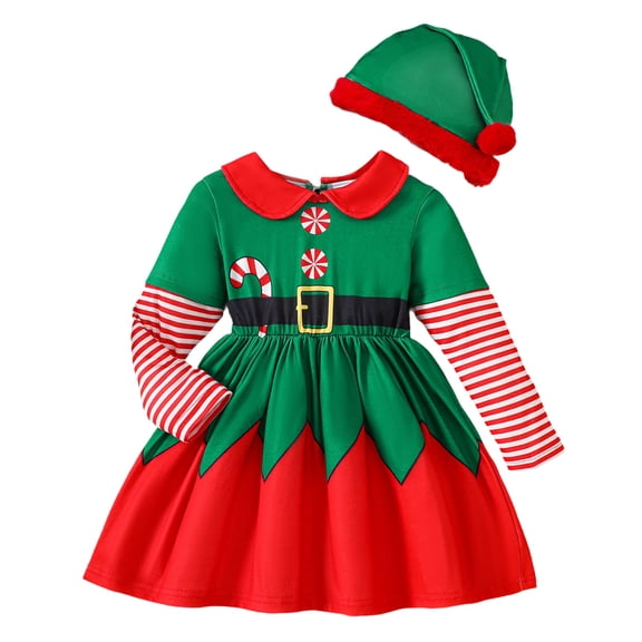 Hihipz Little Girls Dress Christmas Long Sleeve Striped Print With Hat Dresses Kids Girls Holiday Party Cute Dress,Sizes 18M-6Y