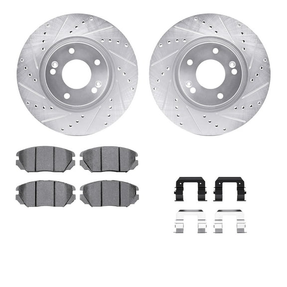 Dynamic Friction Company Front Brake Rotors-Drilled and Slotted-Silver with 5000 Euro Ceramic Brake Pads includes Hardware 7612-03001