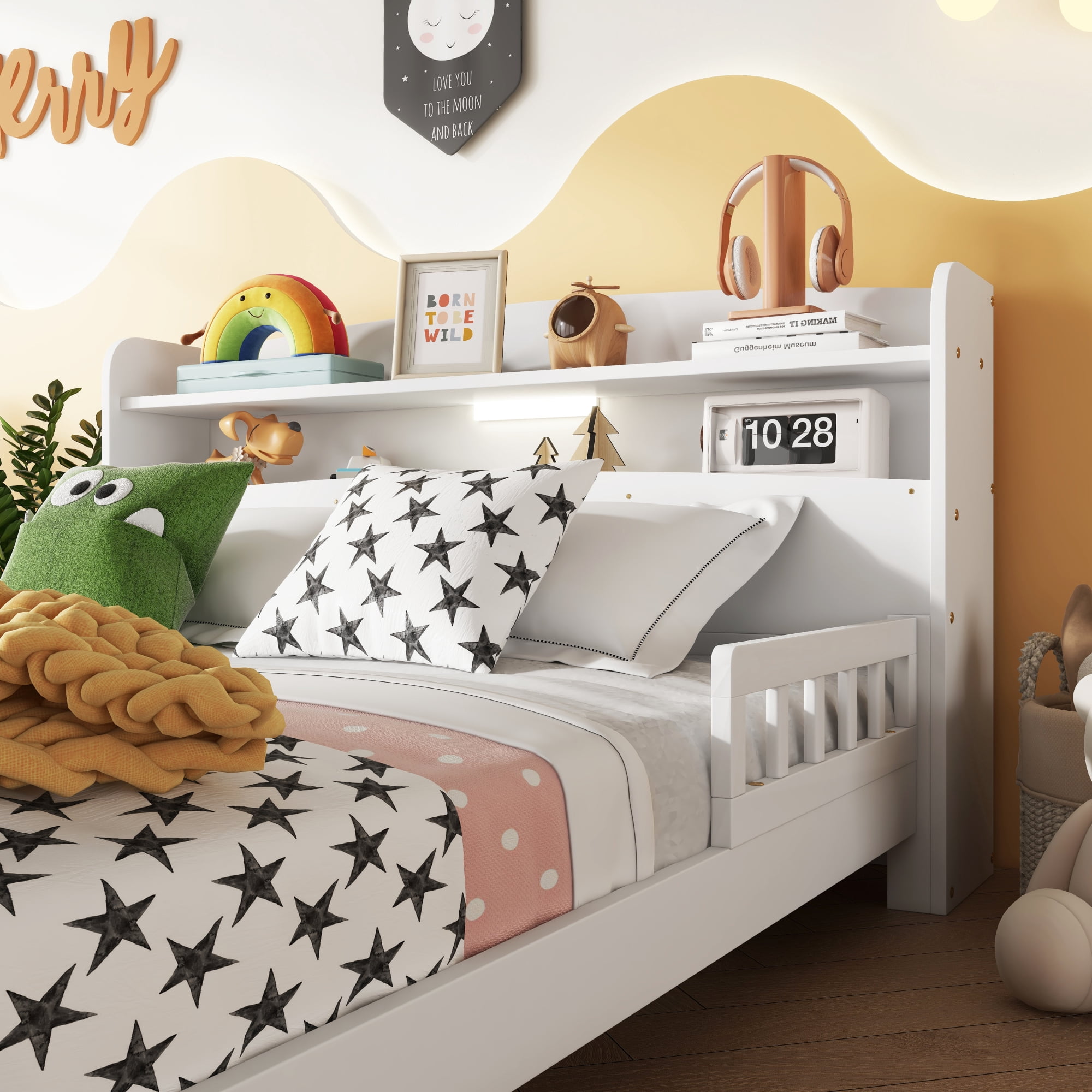 Leumius Full Pine Wood Bed with Bookcase Headboard, LED Motion Sensor Light, Guardrails for Boys Girls White