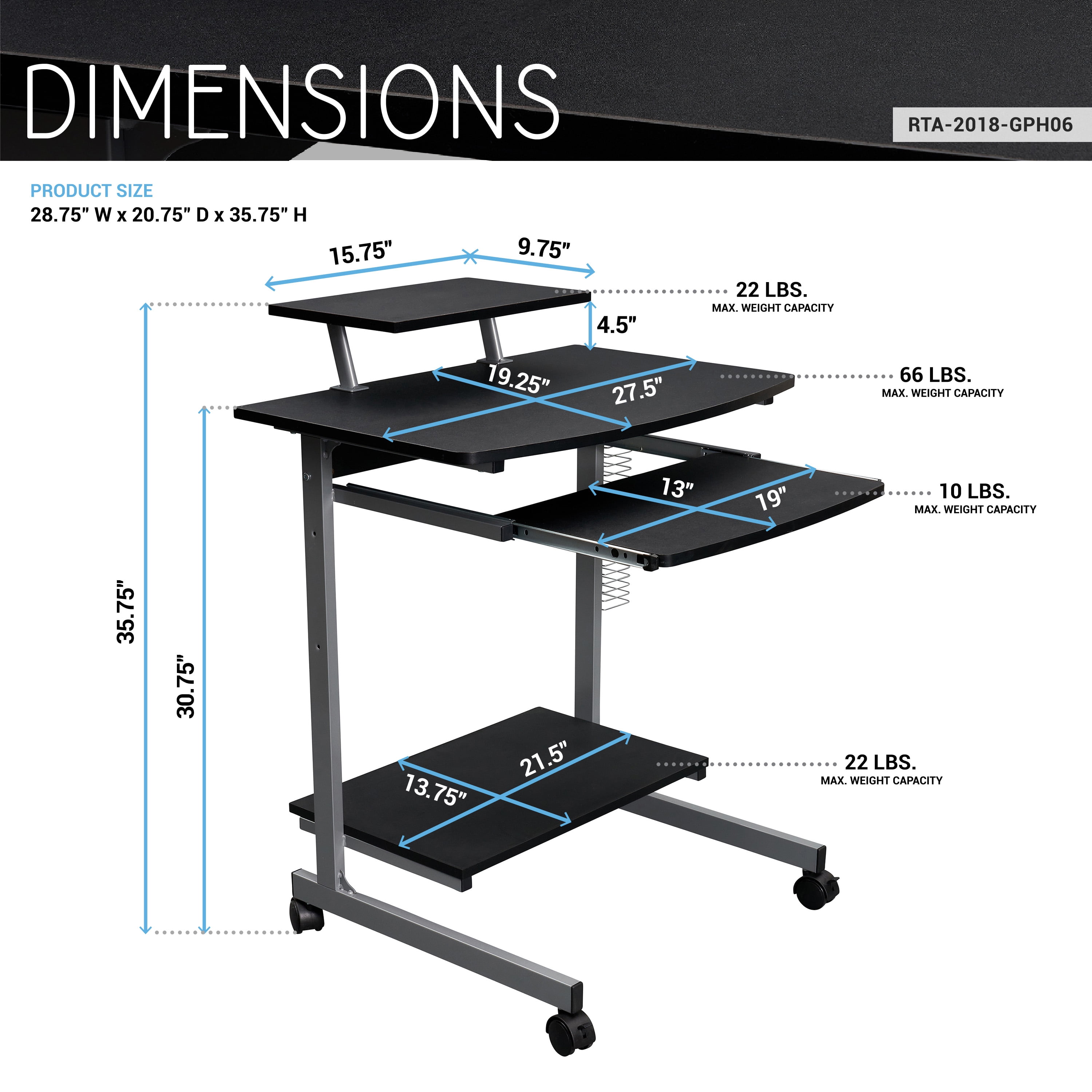 Compact Computer Cart with Multi Storage Shelves, Adjustable Side Shelf Slide-Out Keyboard Tray Lockable Casters Moisture Resistant Particle Board PC Workstation Cart