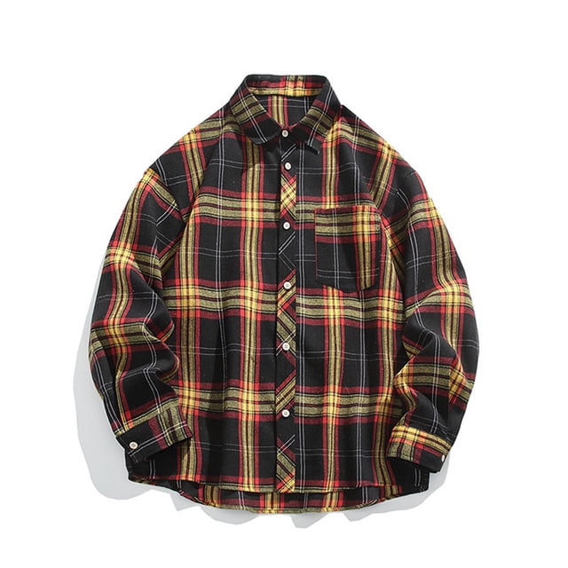 Blusa y camisa de manga larga con cuello vuelto para hombre, estilo informal, a cuadros, con bolsillos y botones, de licra