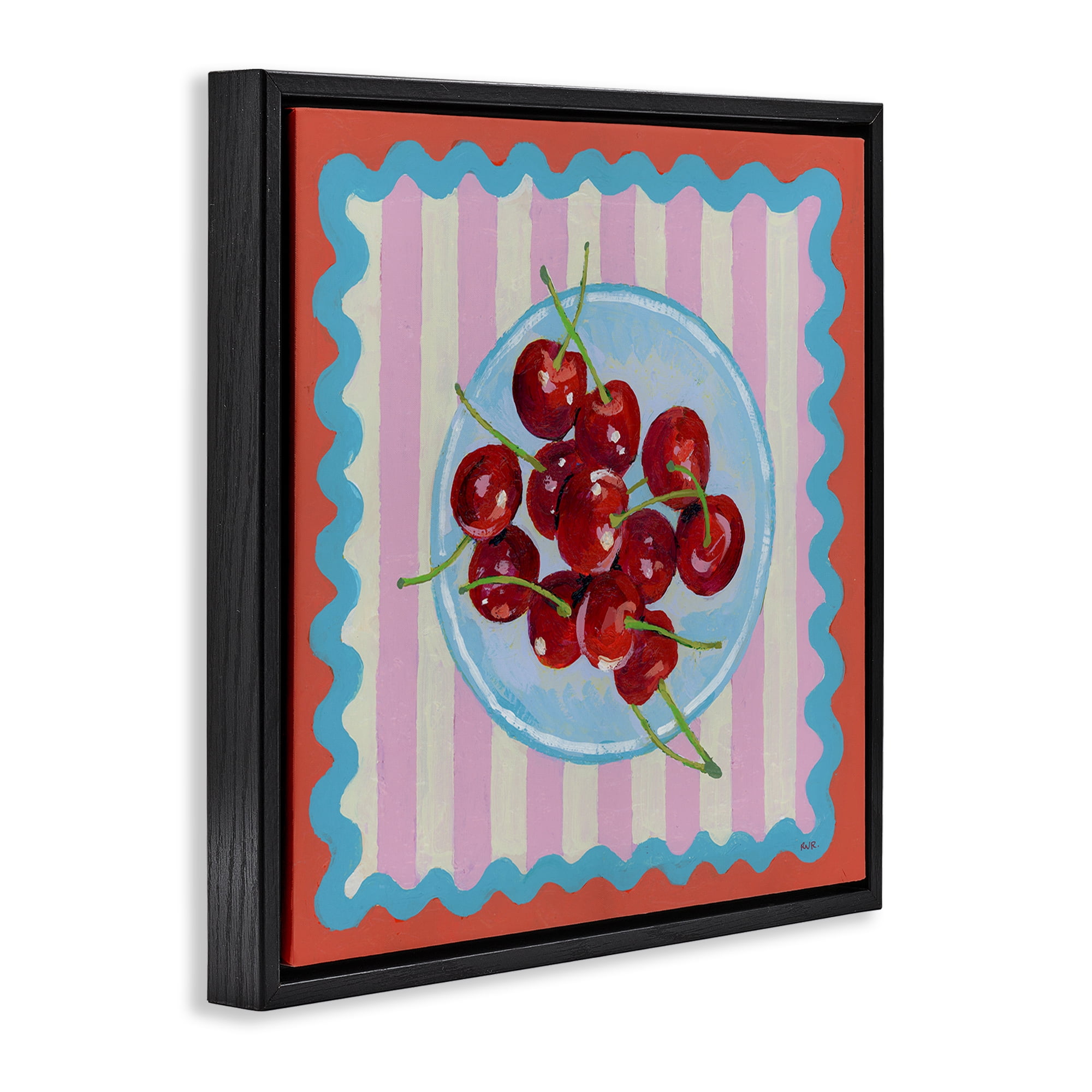 Stupell Industries Red Cherries over Pink Stripes Black Framed Floater Canvas Wall Art, design by Rachael Reese