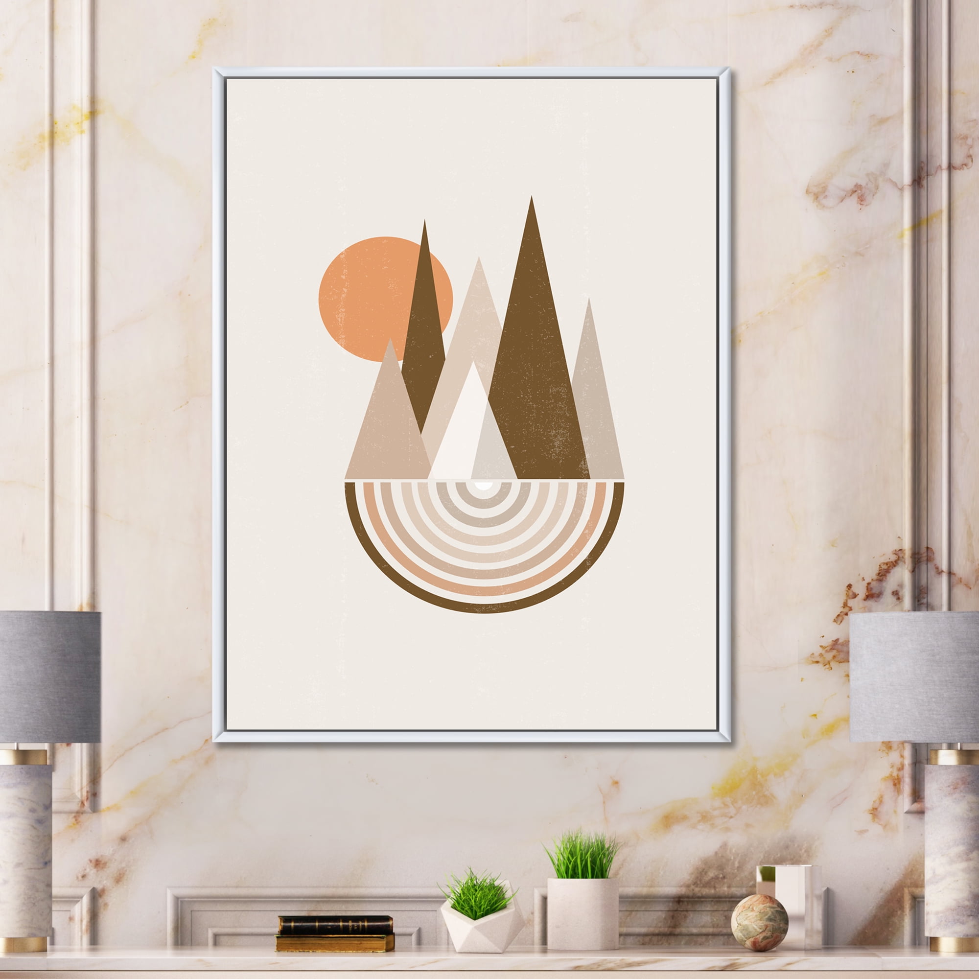 Designart 'Minimalistic Red Full moon Landscape With Mountain' Modern Framed Canvas Wall Art Print