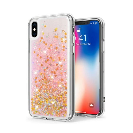 FIEWESEY Case for iPhone X,3 in1 Layers Hybrid Liquid Stars Shaped Glitter Flowing Quicksand case Clear Soft Shockproof TPU Slim Protective Cover for iPhone X/XS(Gold)