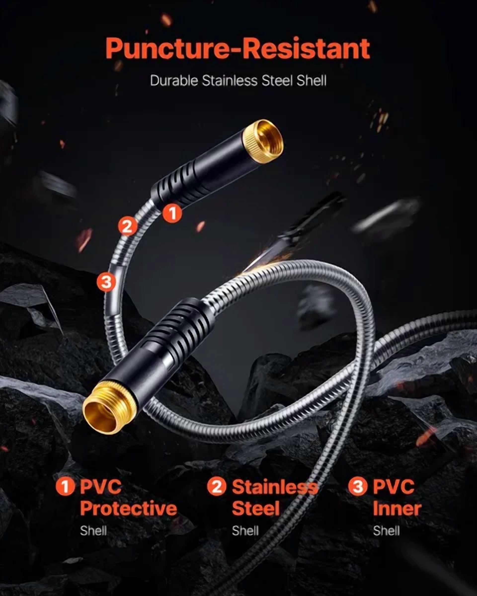 75ft Metal Garden Hose-Rustproof Stainless Steel,Heavy-Duty&Flexible No-Kink Water Hose with 10 Function Nozzle for Outdoor Yard Use