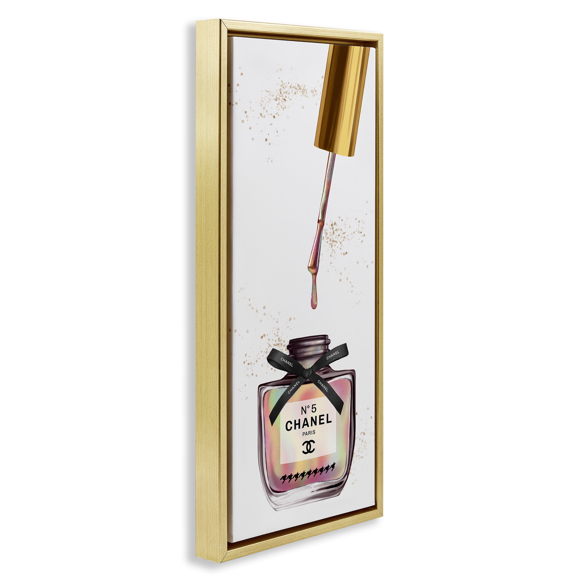 Stupell Industries Makeup Nail Polish Brush Rainbow & Gold Beauty & Fashion Painting Gold Floater Framed Canvas Art Print Wall Art, 15 x 31