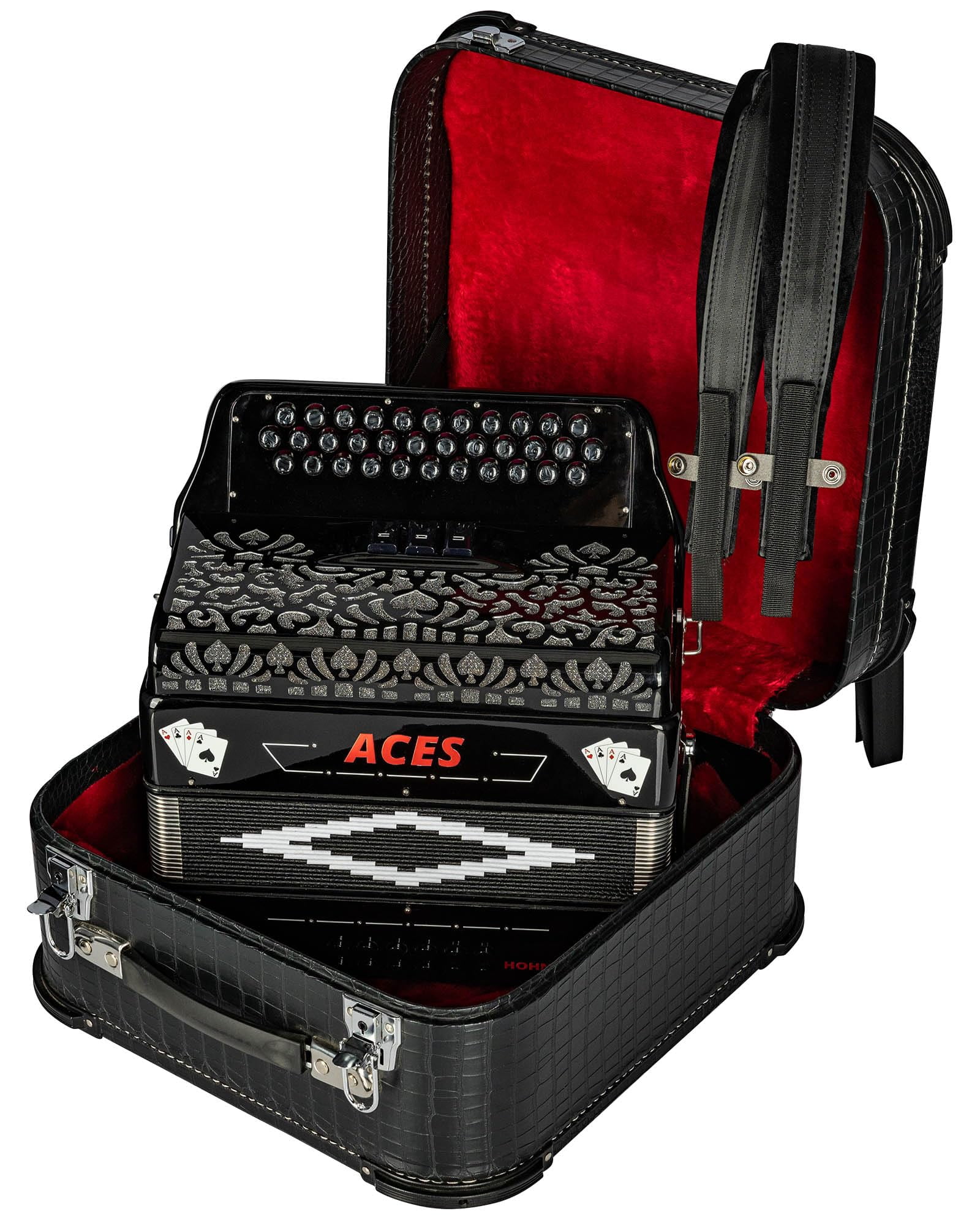 Hohner Hohnica Aces II 34-Button Accordion with 3 Registers - EAD Bundle with Hard Case, Gig Bag, Adjustable Straps, and Austin Bazaar Polishing Cloth