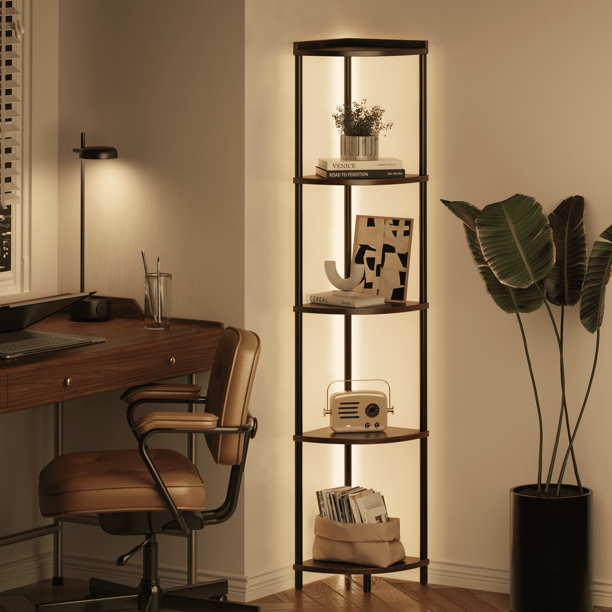 Corner Shelf Bookcase with LED Light, 5-Tier Corner Bookshelf Corner Shelf Stand for Bedroom,Living Room,Berry Brown