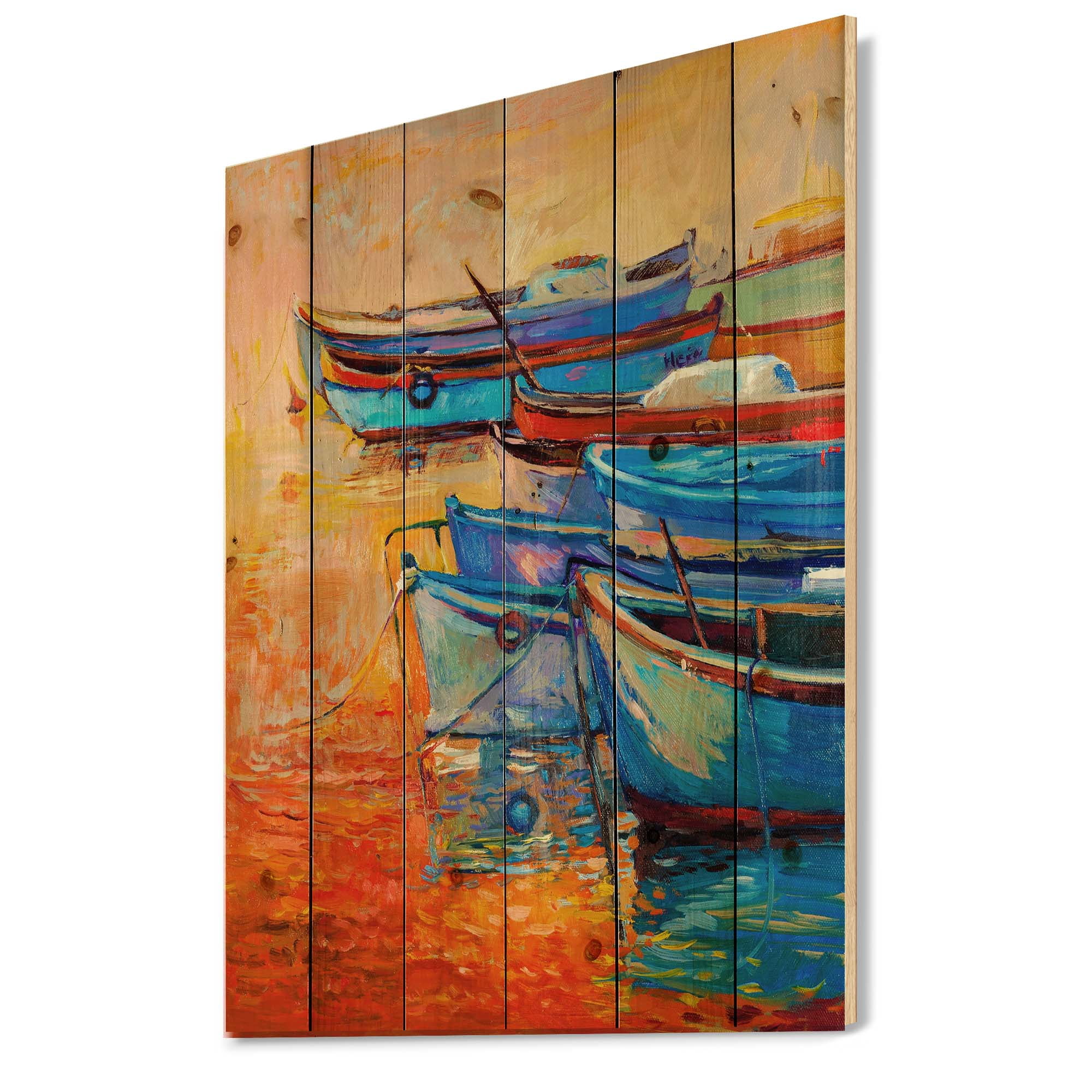 Designart 'Boats During Warm Sunset Resting On The Water VIII' Nautical & Coastal Print on Natural Pine Wood