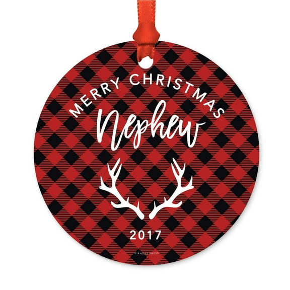Family Metal Christmas Ornament, Merry Christmas Nephew 2017, Red Plaid, Includes Ribbon and Gift Bag