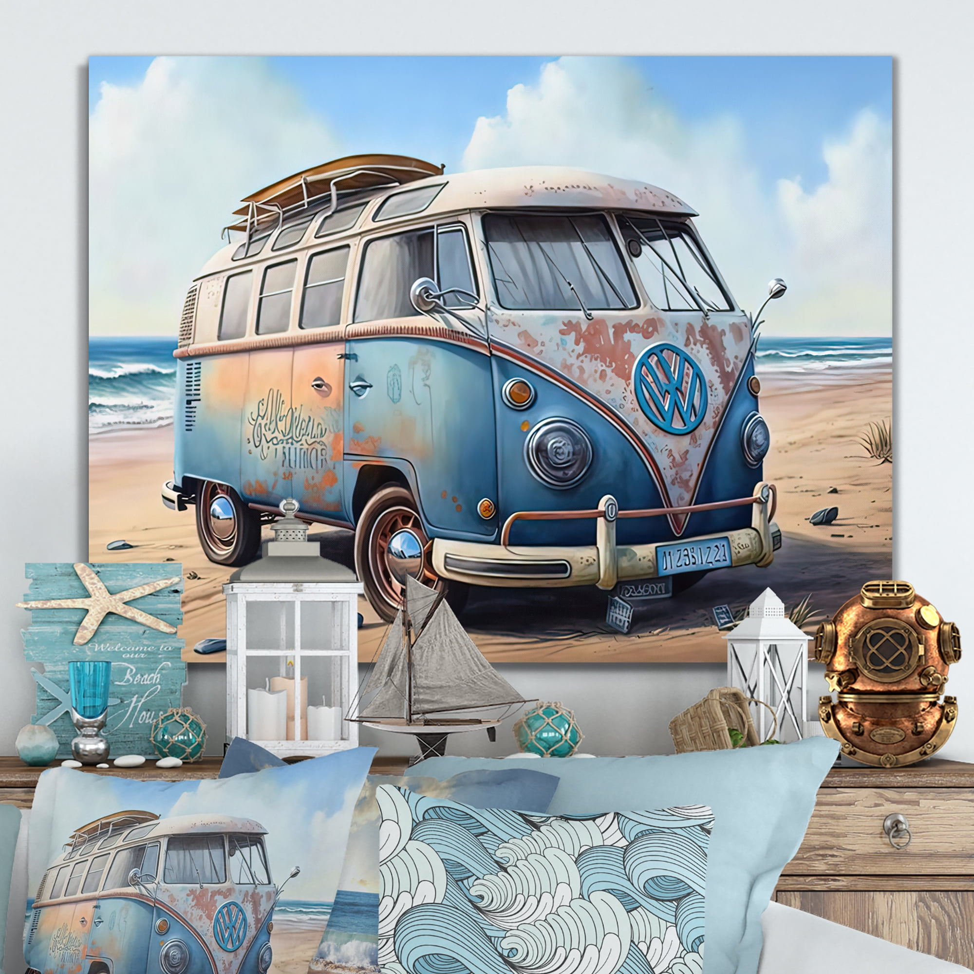 Designart 70S Surfing Van At The Beach III Canvas Wall Art