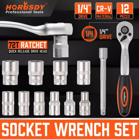 12Pc 1/4” Ratchet Socket Wrench Set 4-13Mm Sockets Quick Released Extension Bar