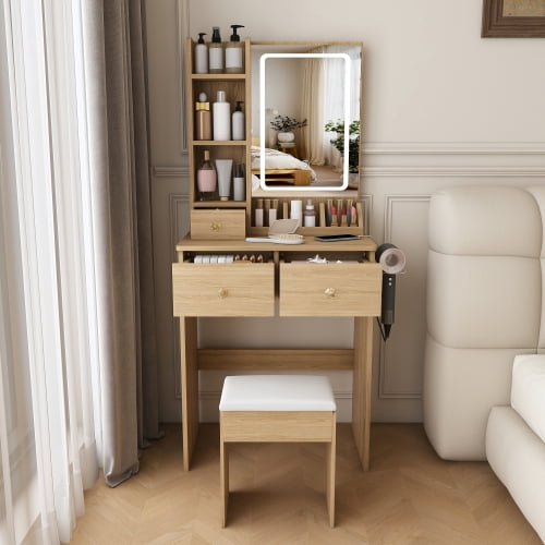 Modern Vanity Desk Set with LED Lighted Mirror, 3 Color Lighting Modes Adjustable Brightness, Built-in Power Outlet & Hair Dryer Holder, Drawers & Open Storage Shelves, Dressing Chair, Walnut